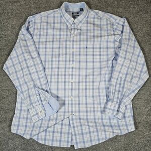Izod Mens XL Premium Essentials Blue White Plaid Cotton Button Down Shirt